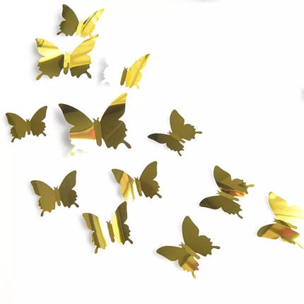 Наклейка на стіну, пластикові наклейки, прикраси стіни наклейки "метелики золоті дзеркальні 12 шт. набір", фото 2