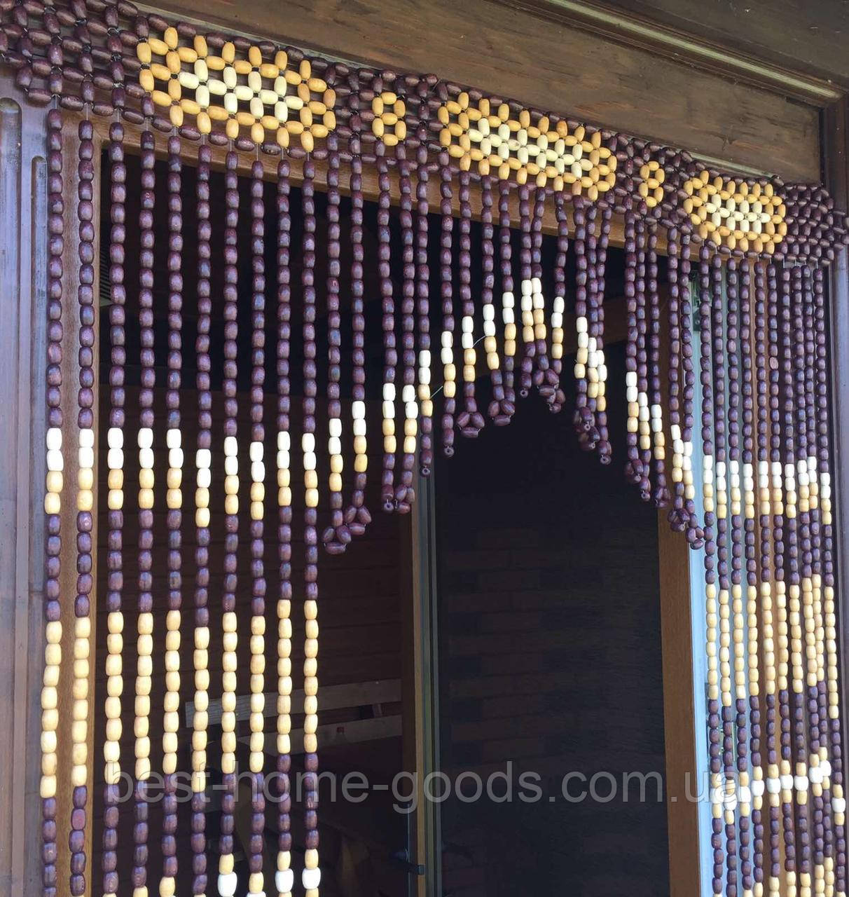 Арочна штора з дерев’яних намистин | Коричнево-темна арка з бежевими та білими намистинами | 100×200 см | декоративна фіранка, фото 1