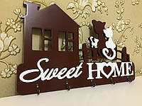 Ключница коричневая с котами "Sweet home"из дерева и МДФ