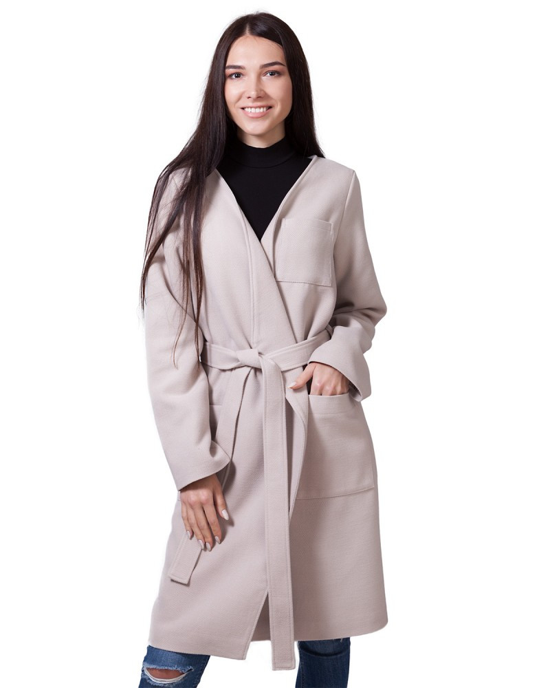 Пальто женское бежевое с поясом (размеры XS-XL) - фото 1 - id-p1164752180