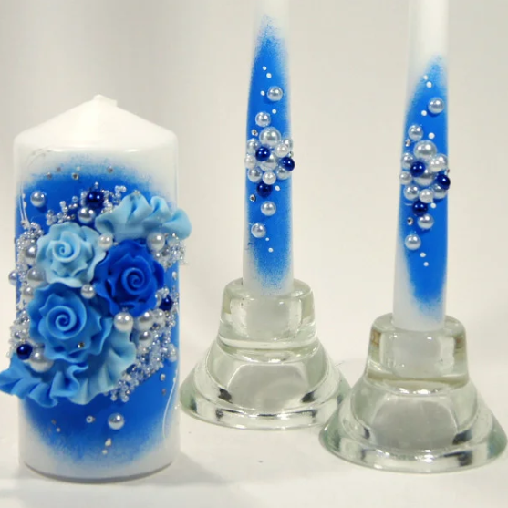 🔥 Розпродаж! Синій набір весільних свічок 3 шт/уп прикрашені ліпленням та бусинами С-112