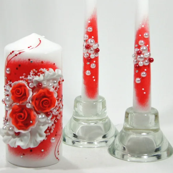 🔥 Розпродаж! Прикрашені весільні свічки 3 шт/уп з ліпленням та бусинами С-108