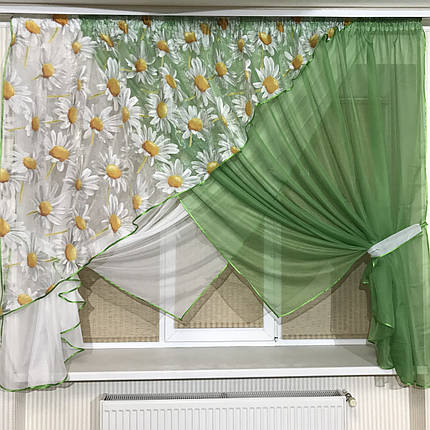 Фіранка на кухню №362 зелена ромашка, фото 3