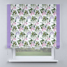 Римська фото штора біла квіти бузкові з кантом бузковим. Безкоштовна доставка.