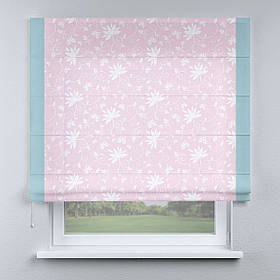 Римська фото штора рожева квіти білі з кантом блакитним. Безкоштовна доставка.