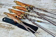 Набір якісних шампурів із дубовою ручкою і вилка-барбекю "Ведмежа лапа", у сагайні зі шкіри