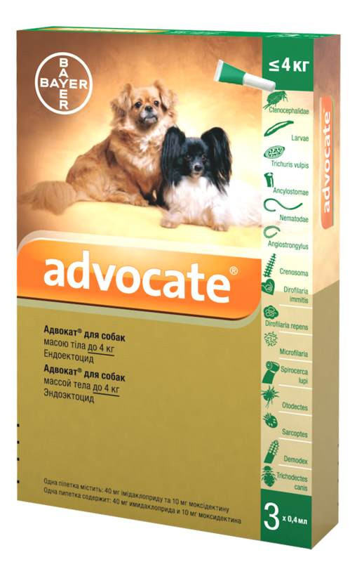Капли Bayer Advocate от заражений эндо и экто паразитами для собак до 4 ...
