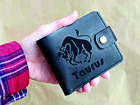 Шкіряний гаманець з гравіюванням Знаку Зодіака, кошелек с гравировкой знака Зодиака, іменний гаманець Тілець
