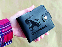 Шкіряний гаманець з гравіюванням Знаку Зодіака, кошелек с гравировкой знака Зодиака, іменний гаманець Козеріг