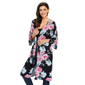Black Floral Side Slit Boho Kimono   | Puls69