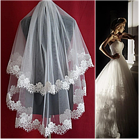 Вау! Свадебная двухъярусная Фата с кружевом шантильи SF для Невесты Белая/Айвори (sf-065)