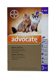 Краплі Advocate Bayer від заражень ендо і екто паразитами для котів 4-8 кг (3 піпетки по 0.8 мл)