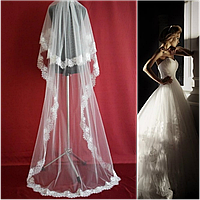 Вау! Длинная двухъярусная свадебная Фата с кружевом SF для Невесты Белая/Айвори (sf-074)