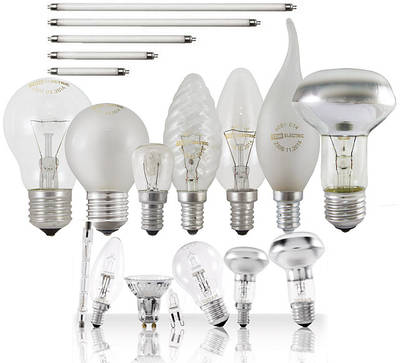 Лампи звичайні, галогенні, рефлекторні, люмінесцентні