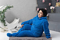 Теплая женская махровая пижама брюки и кофта с капюшоном из велсофта голубого цвета