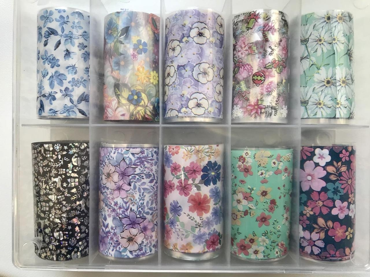 Новинка!Набір фольги для манікюру (квітковий принт+новорічний),10 штук в упаковці