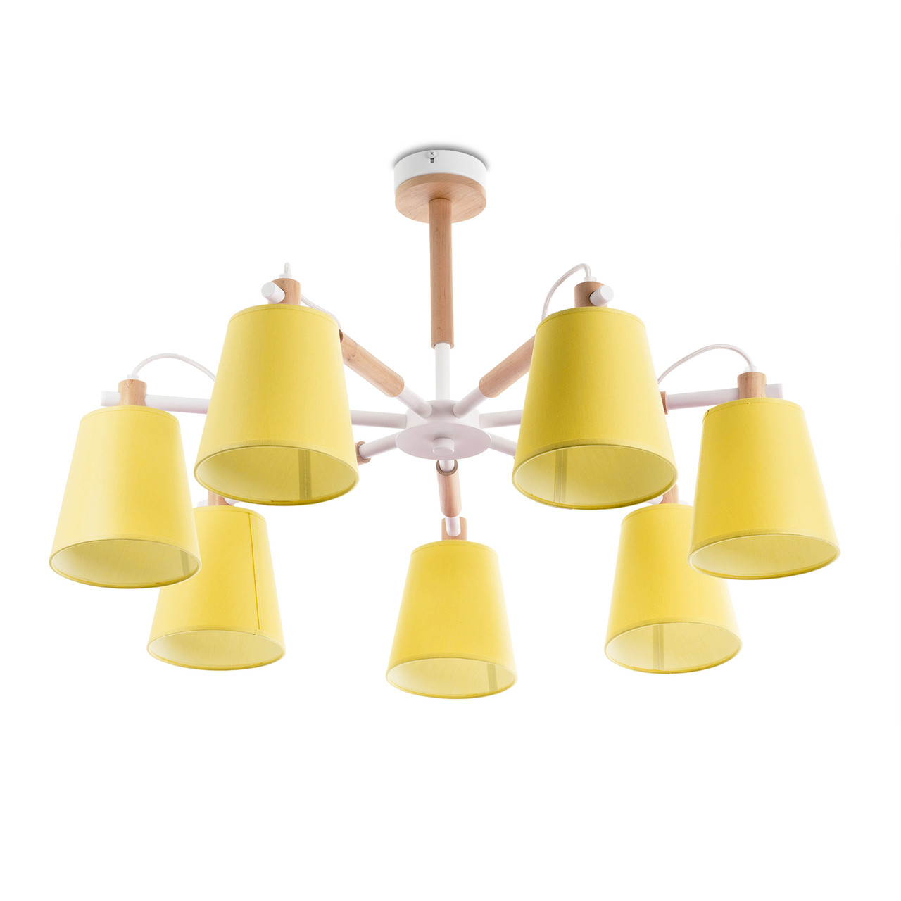 Люстра дерев'яна в стилі модерн із жовтими абажурами для вітальні, холу, спальні, фото 1