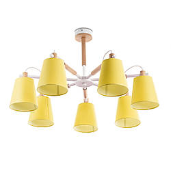Люстра дерев'яна в стилі модерн із жовтими абажурами для вітальні, холу, спальні