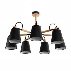 Люстра дерев'яна в стилі модерн із чорними абажурами для вітальні, холу, спальні