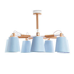 Люстра дерев'яна в стилі модерн із блакитними абажурами для вітальні, холу, спальні