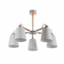 Люстра дерев'яна в стилі модерн з білими абажурами для вітальні, холу, спальні