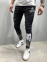 Мужские стильные джинсы , черные с принтом #1