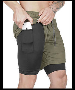 Спортивні шорти з кишенею для телефону, чоловічі шорти-тайтсы олива з чорними тайтсами розмір L 25-0020