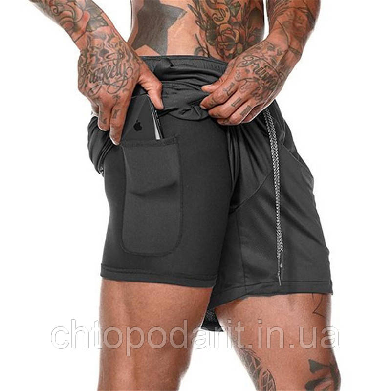 Спортивні шорти з кишенею для телефону, чоловічі шорти-тайтсы чорні c чорними тайтсами розмір L 25-0005