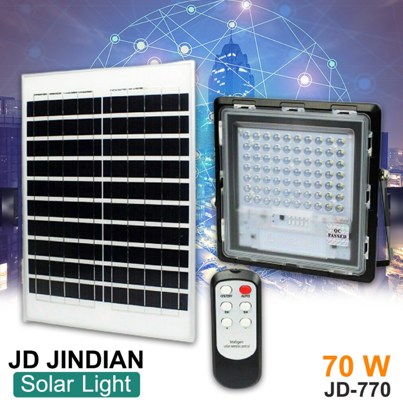 Прожектор Jindian JD-770 70W, IP67, сонячна батарея, пульт ДУ, вбудований акумулятор, таймер, датчик світла