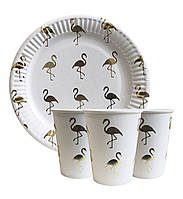 Набір одноразового посуду " Золотий фламінго" Тарілки -10 шт Стаканчики - 10 шт