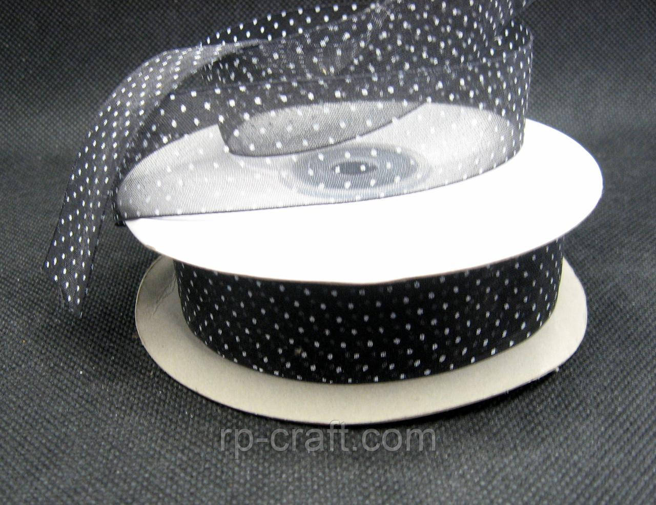 Стрічка, чорна органза, з білими цятками, 25 мм, фото 1