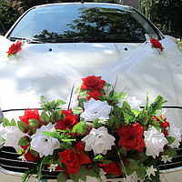 Хіт! Прикраса на машину троянди Ікебана 60х30 см, Стрічка 3 м, Квіти на ручки 4 шт, Біло-червоний