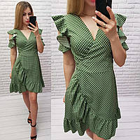 Платье - сарафан на запах с рюшами, арт. 193, цвет зелёный в горох / зелёного цвета