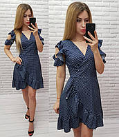Платье - сарафан на запах с рюшами, арт. 193, цвет тёмно синий в горох / синего цвета