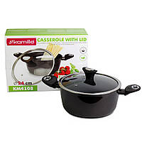 Каструля 24см з алюмінію з антипригарним покриттям Black marble і скляною кришкою