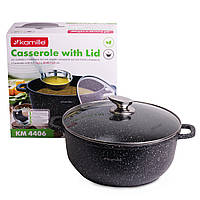 Каструля 28*12,5 cm з литого алюмінію з антипригарним покриттям і скляною кришкою для індукції