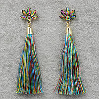 Сережки пензля жіночі гвоздики квіточки золотистого кольору довгі об'ємні кольорові з кристалами довжина 11 см