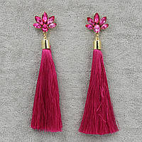 Сережки пензля жіночі гвоздики квіточки золотистого кольору довгі об'ємні колір фуксія в стразах довжина 11 см