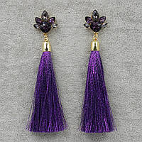 Сережки пензля жіночі гвоздики квіточки золотистого кольору довгі об'ємні кольори індиго в стразах довжина 11 см