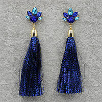 Сережки пензля жіночі гвоздики золотистого кольору довгі об'ємні синього кольору з кристалами довжина 11 см