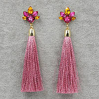 Сережки пензля жіночі гвоздики золотистого кольору довгі об'ємні перламутрово-рожевий у стразах довжина 11 см