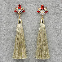 Сережки пензля жіночі гвоздики золотистого кольору довгі об'ємні кольори шампань із камінчиками довжина 11 см