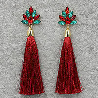 Сережки пензля жіночі гвоздики золотистого кольору довгі об'ємні вишневого кольору з кристалами довжина 11 см