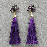 Серьги кисти женские гвоздики золотистого цвета длинные объёмные фиолетового цвета с кристаллами длина 11 см