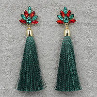 Сережки пензля жіночі гвоздики золотистого кольору довгі об'ємні пляшкового кольору зі стразами довжина 11 см