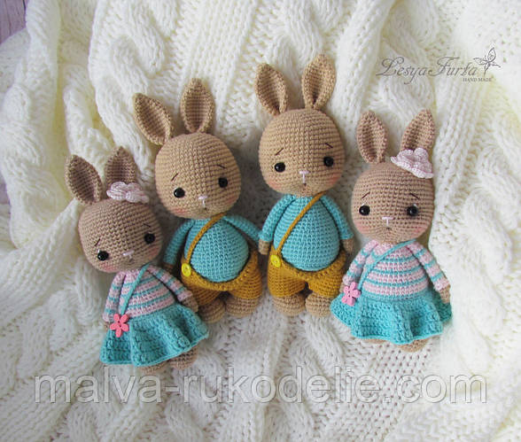 М'які в'язані іграшки ручної роботи "Зайчики (Хлопчик і Дівчинка)" (ID ...