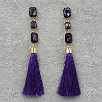 Сережки пензля жіночі гвоздики золотистого кольору довгі об'ємні темно-фіолетового кольору в стразах довжина 13 см