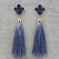 Сережки пензля жіночі гвоздики золотистого кольору довгі об'ємні джинсового кольору з кристалами довжина 11 см