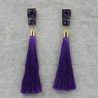 Серьги кисти женские гвоздики золотистого цвета длинные объёмные фиолетового цвета с сапфирами длина 11 см