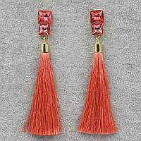 Сережки пензля жіночі гвоздики золотистого кольору довгі об'ємні персикового кольору з кристалами довжина 11 см